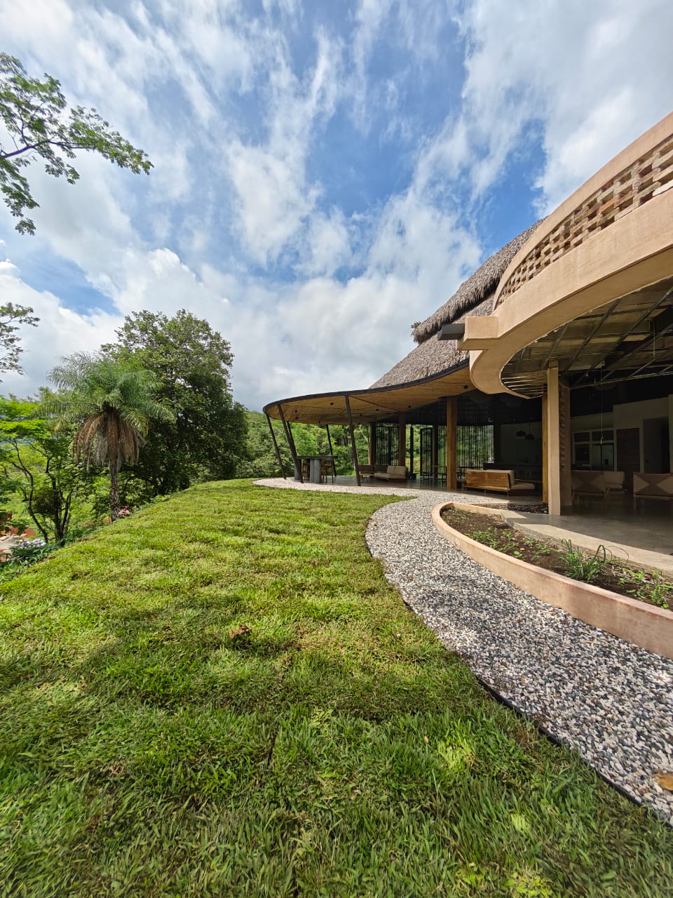 Jardín con zacate recién instalado en proyecto premium